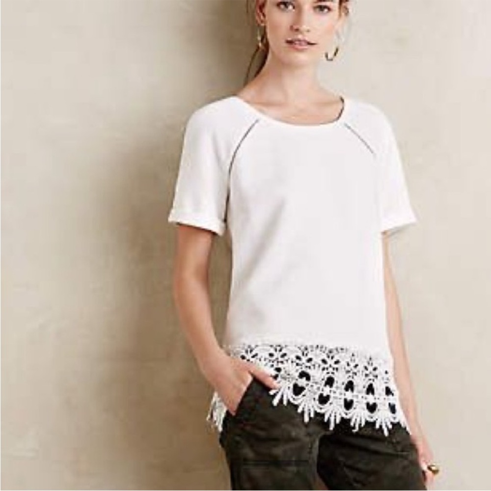 Anthropologie Saturday Sunday Ribbed Lace Trim White Preppy Boho Size S
